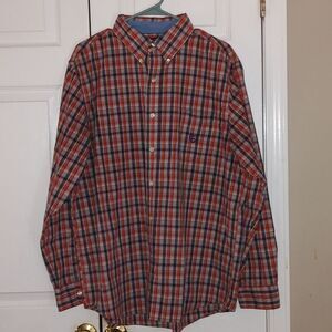 Chaps Easy Care navy reddish orange plaid button down shirt  Sz L